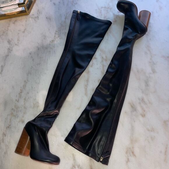 Burberry Black Faux Leather Thigh High Sock Boot with Wooden Circular Block Heel - Picture 4 of 14